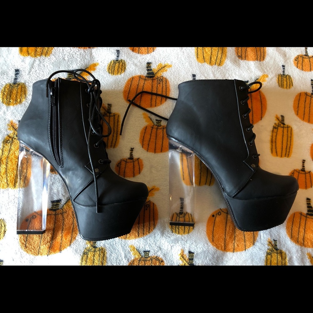 Qupid Clear Heel Platform Lace Up Boots Booties Heels Y2K Tumblr 2010s Goth Emo